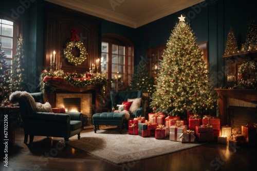 Living room with Christmas tree and holiday decorations photo