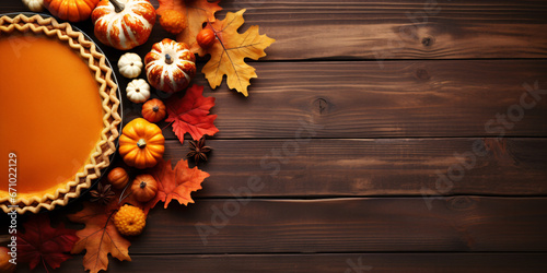 Thanksgiving flat lay banner. Autumn still life with pumpkin pie