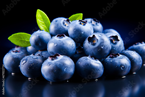 Wallpaper Mural Blueberries with leaves and water drops on black background Torontodigital.ca
