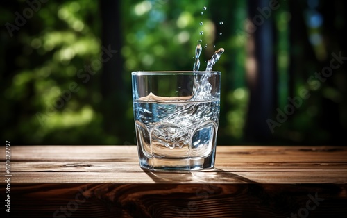 A glass of drinking water and splash on a wooden table. Green woods background. Nature organic and healthy food concept.