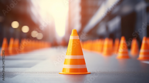 Orange warning cones on the road. Road works, repairs, danger concept. 