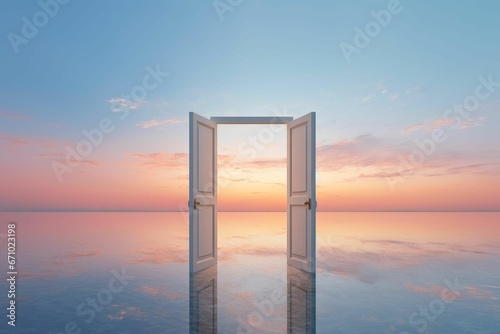 AI illustration of wooden doors with a beautiful ocean view at sunset