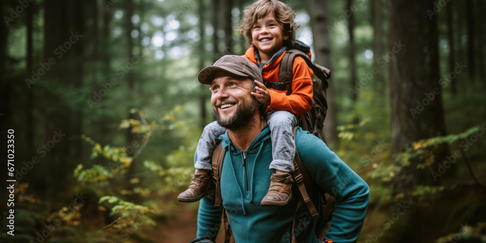 Outdoor Adventures: Father Carries Son During Forest Hike