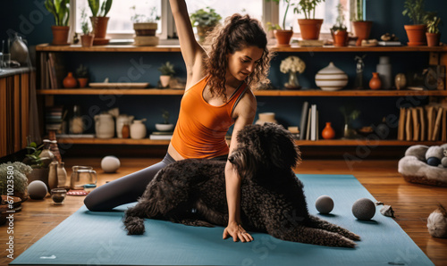 Young Woman Masters Downward Dog Pose with Pet Dog in Living Room photo