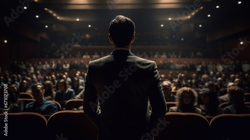A rear view of a motivational speaker who is standing on a stage in front of an audience. Motivational speech at a conference or business event photo