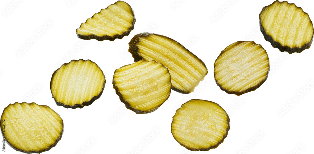 Pickled and marinated zucchini slices isolated - obrazy, fototapety, plakaty 