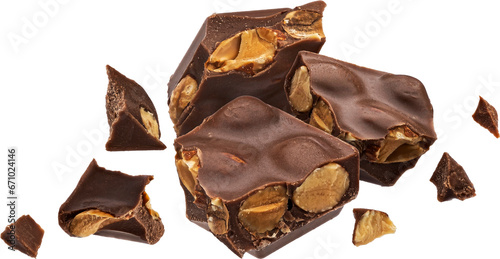 Dark chocolate chunks with almond, broken chocolate with nuts isolated