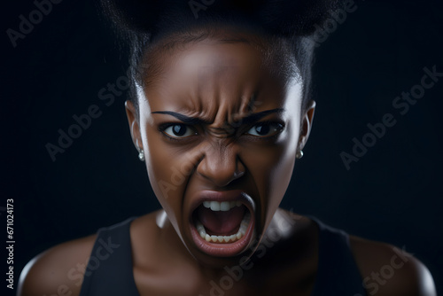 Angry young adult African American woman yelling, head and shoulders portrait on black background. Neural network generated image. Not based on any actual person or scene.