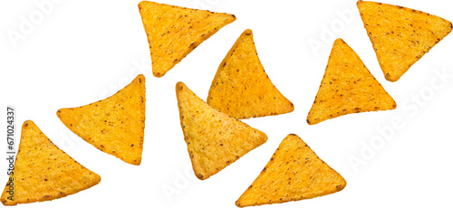 Foto Falling corn chips, hot mexican nachos isolated