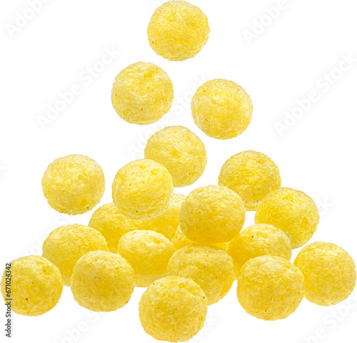 Falling corn balls isolated on white background with clipping path photo