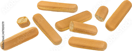 Falling italian savoiardi biscuits, ladyfinger cookies isolated on white background