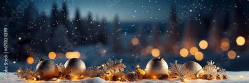 Christmas background. Xmas tree with snow decorated with garland lights, holiday festive background with copy space