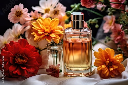 Perfume bottle with flowers on the table. Selective focus. Generative Ai