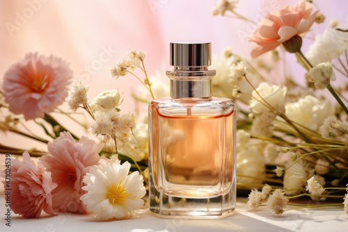 Perfume bottle with flowers on table on light background, closeup. Generative Ai