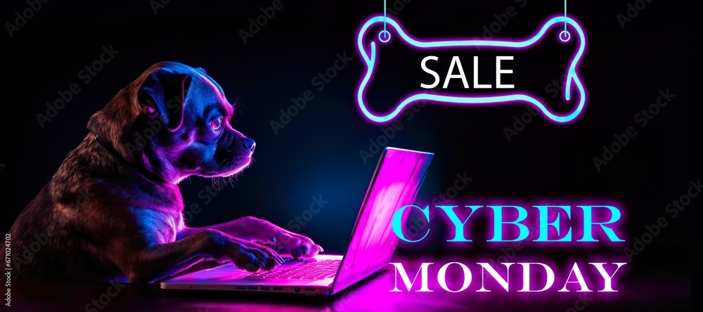 Dog with Laptop, Bone. black friday and cyber monday sale concept. Seasonal shopping sales Animals Food - obrazy, fototapety, plakaty 