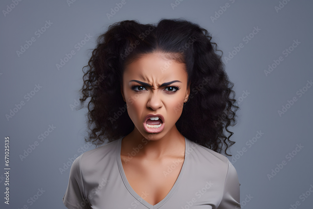Angry young adult African American woman yelling, head and shoulders portrait on grey background. Neural network generated image. Not based on any actual person or scene.