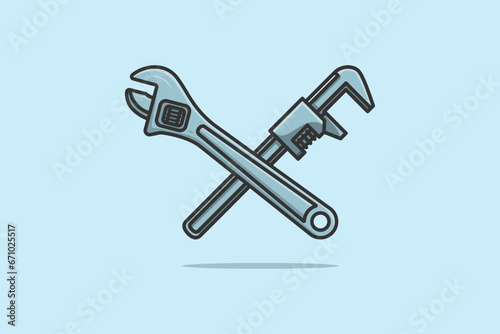 Adjustable wrench and Pipe Wrench tool vector illustration. Mechanic and Plumber working tool equipment icon concept. Working tool in cross sign vector design.