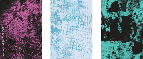 Distressed grungy isolated layers . Design element for brochure, social media, posters, flyers. Overlay grunge texture.Textured banner with Distress effect .Vector halftone dots . Screen print texture © miloje