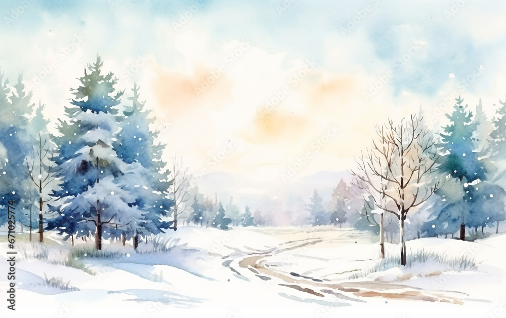 Winter watercolor forest illustration