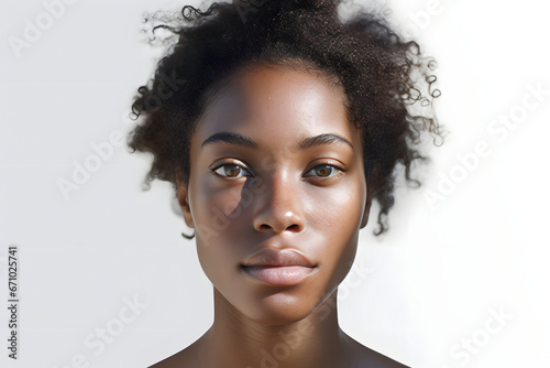 Young adult African American woman on white background. Neural network generated photorealistic image. Not based on any actual person or scene.