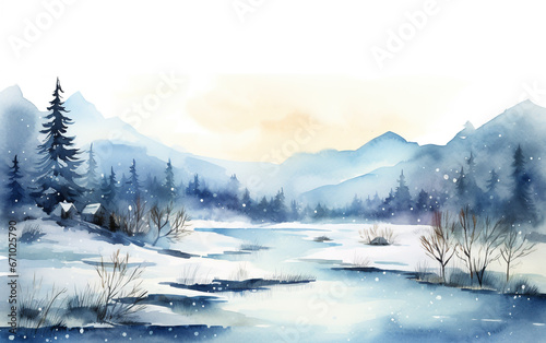 Winter watercolor forest illustration with river © Aleksandr