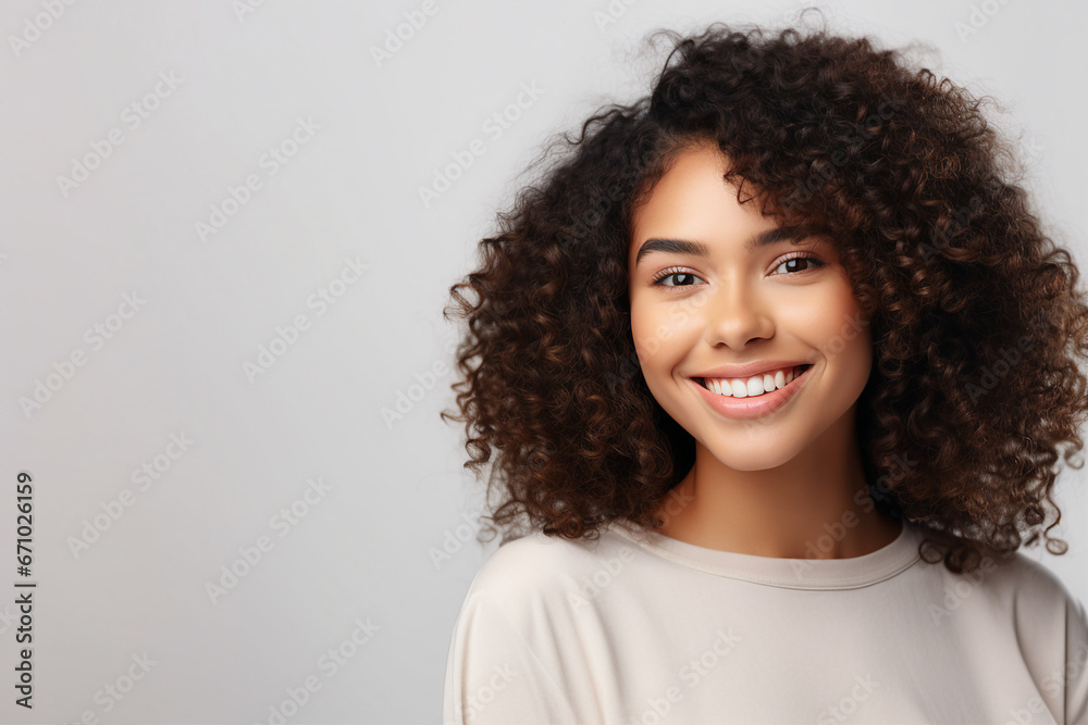 Generative AI illustration of young girl with curly hairdress beaming smiling over background Generative AI illustration of young girl with curly hairdress beaming smiling over background