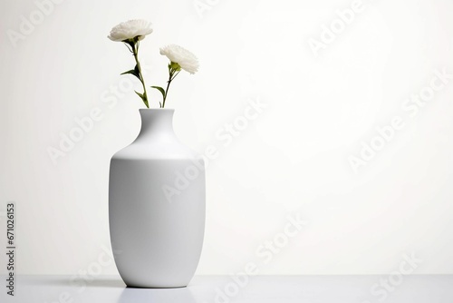 AI illustration of a contemporary white ceramic vase with delicate white flowers photo
