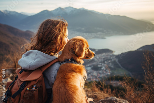 Generative AI illustration of young girl sitting with favorite doggy high mountains near river beautiful view
