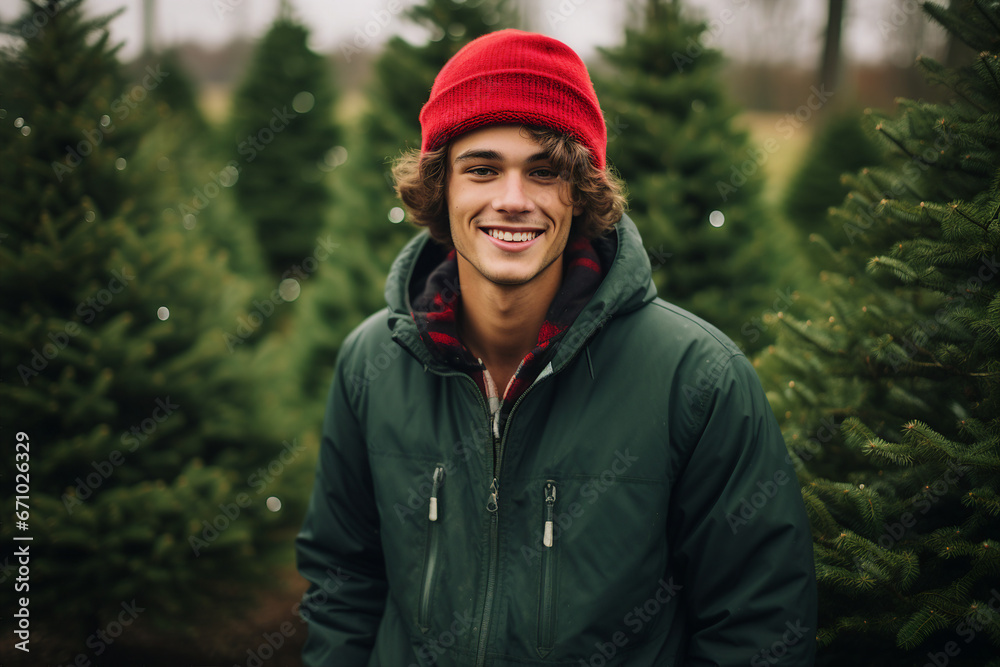 Generative ai technology portrait of attractive young student guy selling christmas tree newyear season fair Generative ai technology portrait of attractive young student guy selling christmas tree newyear season fair