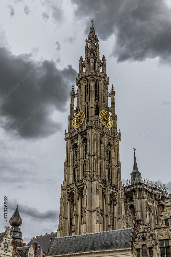 bottom view of the gothic Cathedral of Our Lady in Antwerp bottom view of the gothic Cathedral of Our Lady in Antwerp