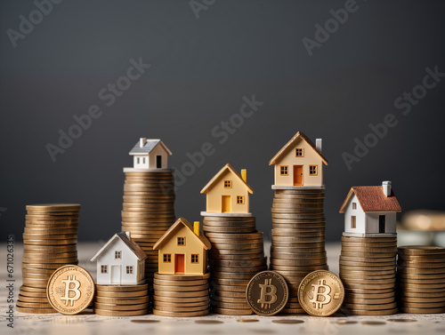 stacks of coins with wooden Houses on top pointing upwards. Concept of Increasing Land Value, Wealth enhancement, Real Estate