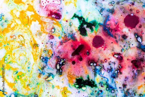 Colorful liquid paint forming a colorful abstract work of art without defined shapes. Abstract art