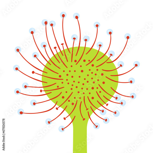 Cartoon sundews plant isolated on white background. Leaf of the round-leaved sundew. Drosera