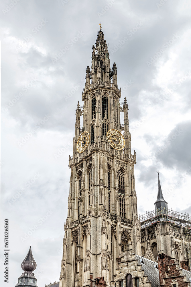 bottom view of the gothic Cathedral of Our Lady in Antwerp