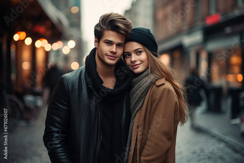 Generative AI portrait picture of attractive tender young couple traveling rainy city