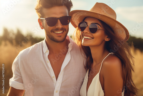 Fototapeta Naklejka Na Ścianę i Meble -  Picture image of a cheerful happy sweet couple enjoying summer walk in the field outdoors generative AI concept
