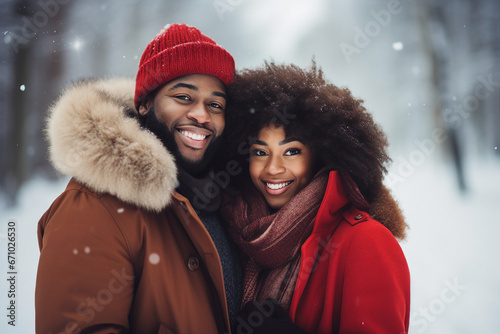 Generative AI portrait of a cheerful beautiful sweet couple cuddling and enjoying romantic feelings on winter snowy day outdoor