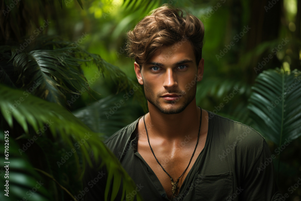 Generative ai photo of handsome guy walking in green exotic rainforest exploring nature