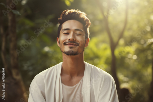 Mindfulness concept young asian man practicing meditation close with nature indian forest Generative AI photo