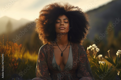 Mindfulness stress releasing concept young woman practicing meditation close with nature Generative AI portrait photo