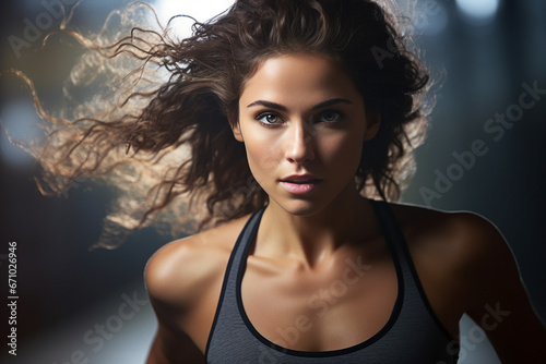 Generative AI picture of serious concentrated young woman running jogging purposeful face