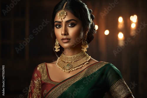 Portrait of a beautiful female of Indian ethnicity wearing traditional bridal costumes and jewellery