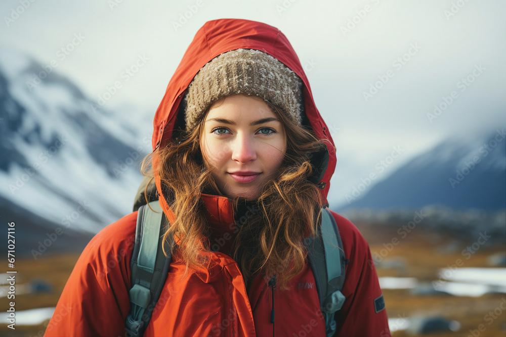 Happy young woman wearing warm winter hiking clothes climbing high peak mountain Generative AI picture Happy young woman wearing warm winter hiking clothes climbing high peak mountain Generative AI picture