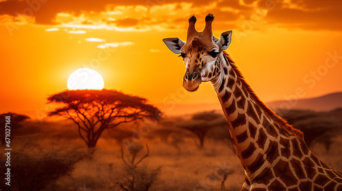 Giraffe at Beautiful Orange Sunset, Reflecting the Wild Nature of the Jungle, Ideal for Nature-themed Designs and Artistic Displays