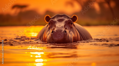 Hippo at Beautiful Orange Sunset, Reflecting the Wild Nature of the Jungle, Ideal for Nature-themed Designs and Artistic Displays