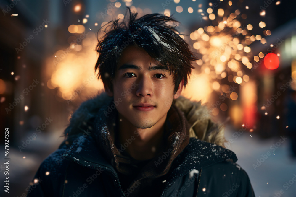 Magic christmas night with snow and fireworks made with Generative AI technology