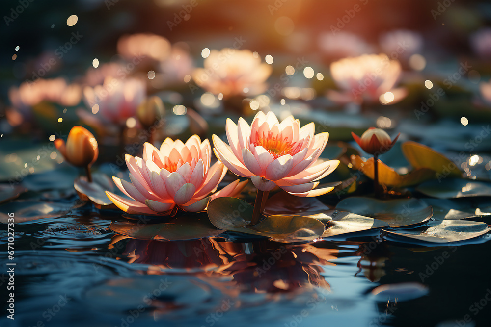 Generative ai picture pf colorful beautiful lotus water lily flower on pond yoga peace calm inspiration - obrazy, fototapety, plakaty 