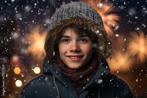 Magic christmas night with snow and fireworks small boy made with Generative AI technology