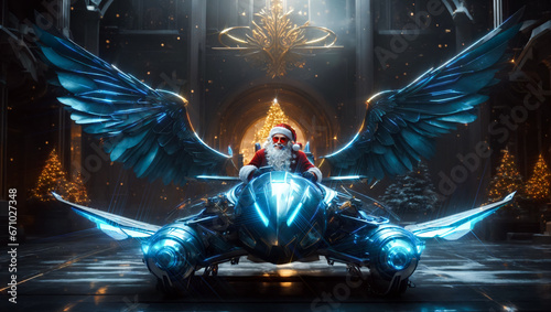 Santa Claus poses in his modern Cyber Punk-style electric-powered sleigh. Illustration.Digital painting.Generative AI.