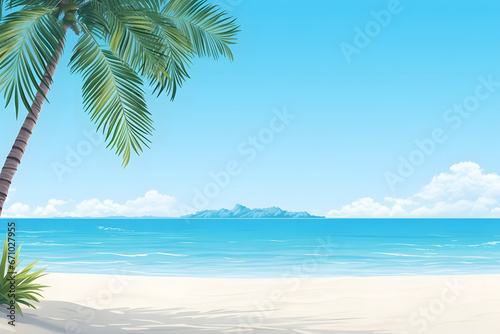 tropical beach view at sunny day with white sand, turquoise water and palm tree. Neural network generated image. Not based on any actual scene or pattern.